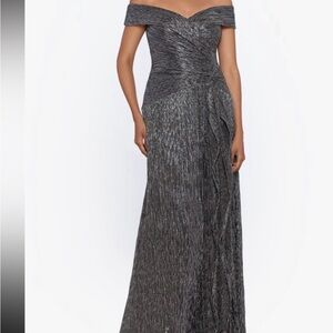 Xscape Gray Ruched Off-Shoulder Gown